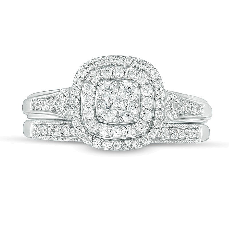 0.5 ct. Gesamtgewicht Komposit-Diamant Brautset mit doppeltem Kissenschliff-Rahmen im Vintage-Stil in 10K Weißgold