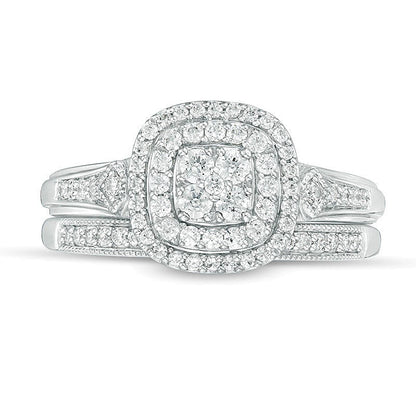 0.5 ct. Gesamtgewicht Komposit-Diamant Brautset mit doppeltem Kissenschliff-Rahmen im Vintage-Stil in 10K Weißgold