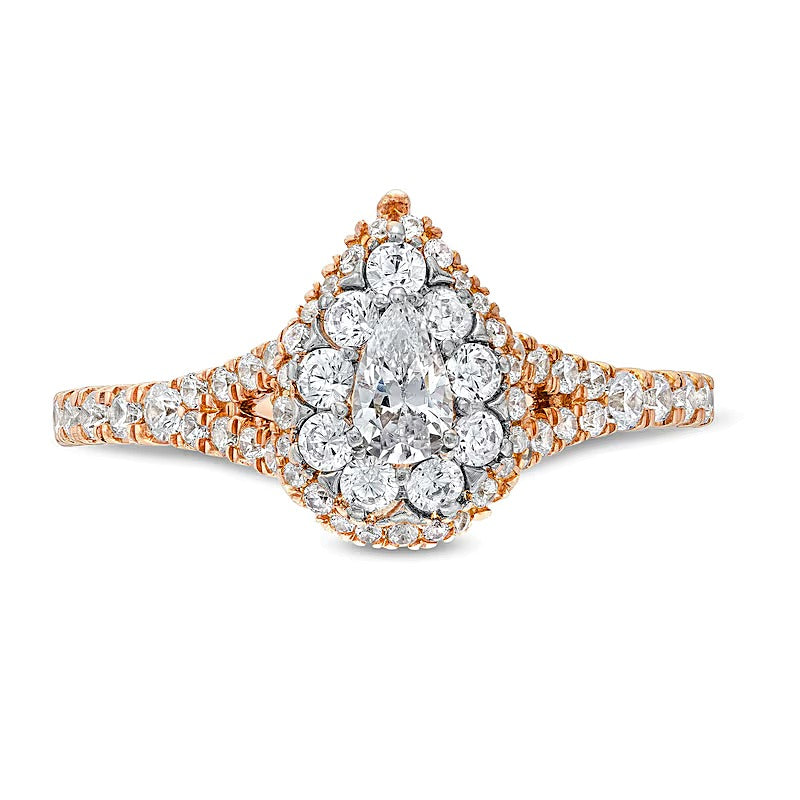 0.75 ct. Gesamtgewicht Multi-Diamant Verlobungsring mit Tropfen- und Rundschliff in 10K Roségold
