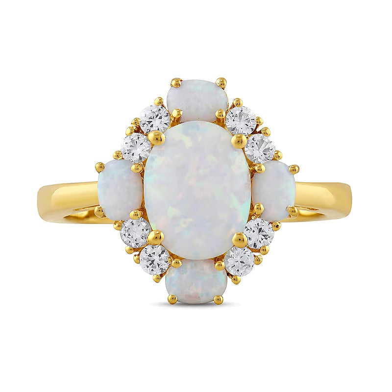 Fashion-Ring mit ovalem Labor-Opal und weißen Labor-Saphiren in 10K Gelbgold