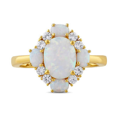 Fashion-Ring mit ovalem Labor-Opal und weißen Labor-Saphiren in 10K Gelbgold