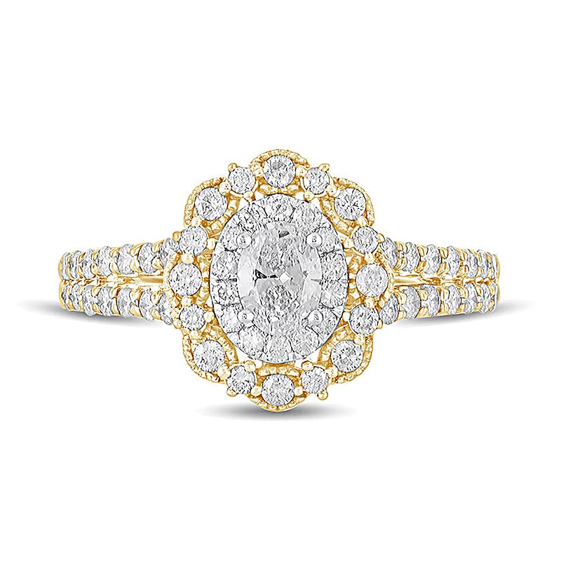 1.0 CT. Gesamtgewicht Verlobungsring im Vintage-Stil mit ovalem Diamant und doppeltem Halo aus 14K Gelbgold