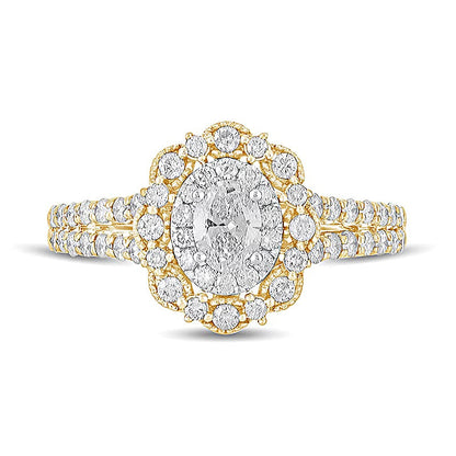 1.0 CT. Gesamtgewicht Verlobungsring im Vintage-Stil mit ovalem Diamant und doppeltem Halo aus 14K Gelbgold