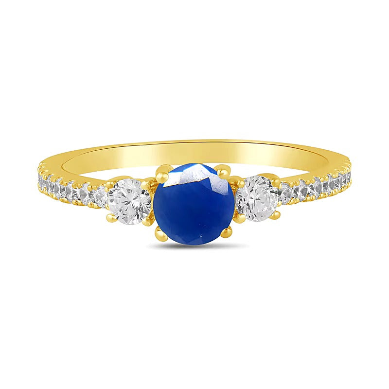 5,0mm blauer Saphir und Labordiamant 0,38 ct. Gesamtgewicht Dreistein-Ring in 14K Gelbgold