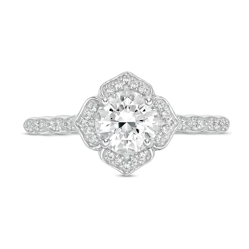 6,0 mm Labor-Saphir in Weiß und 0,13 ct. Gesamtgewicht Diamant Halo-Blütenring in 10K Weißgold
