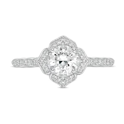 6,0 mm Labor-Saphir in Weiß und 0,13 ct. Gesamtgewicht Diamant Halo-Blütenring in 10K Weißgold