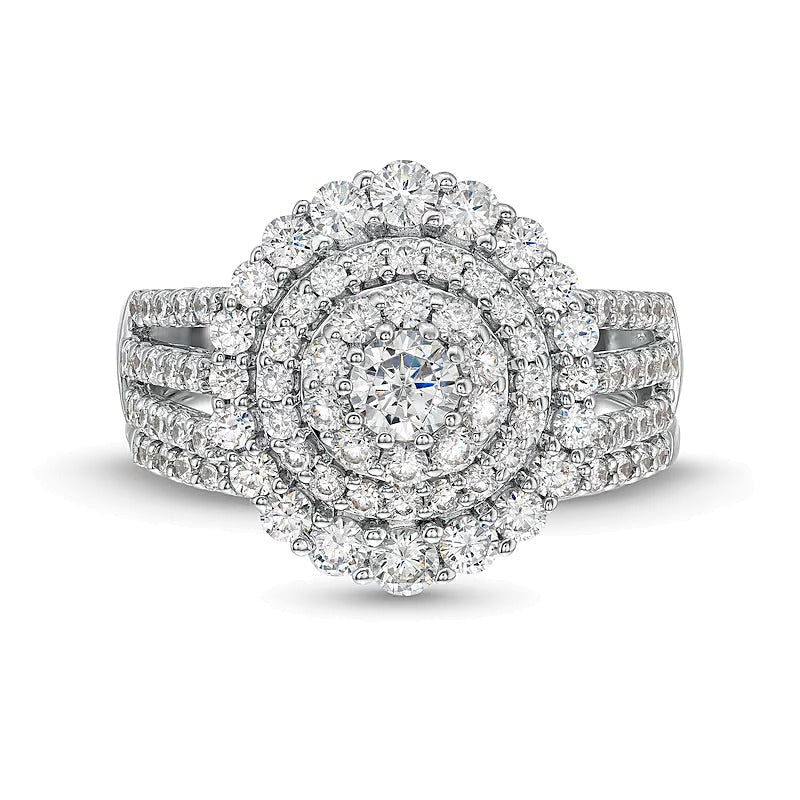 Diamant-Brautset mit dreireihigem Scallop-Rahmen 1.5 ct. Gesamtgewicht in 10K Weißgold