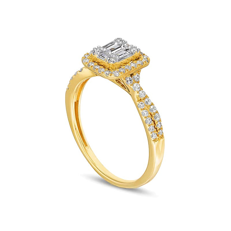 Verlobungsring mit mehreren Diamanten in Baguette-, rund- und Smaragdschliff 0.5 ct. Gesamtgewicht in 10K Gelbgold