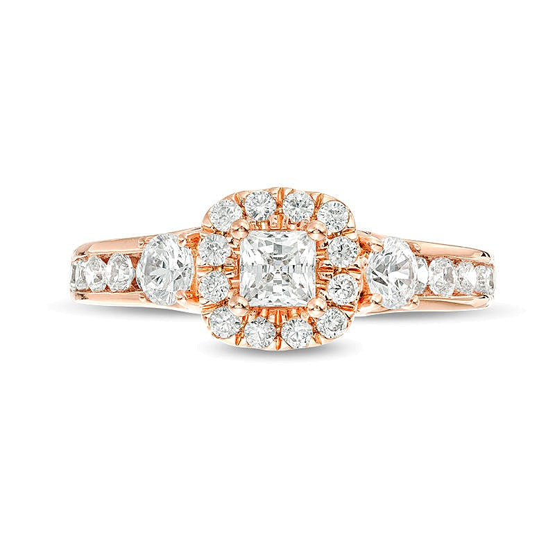 Dreistein-Verlobungsring mit Diamanten im Princess- und Rundschliff 1.25 ct. Gesamtgewicht in 14K Roségold