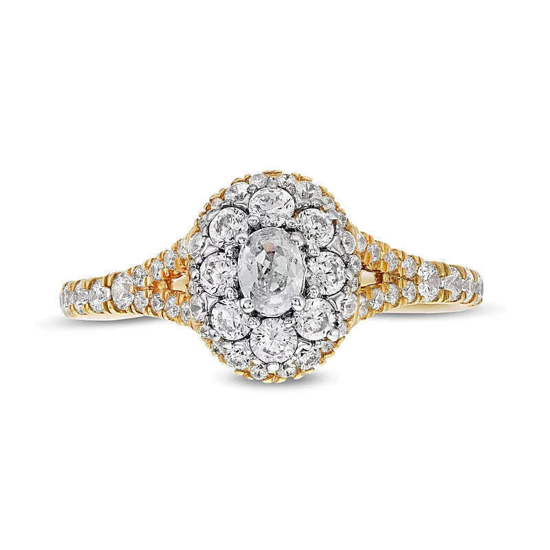 0.75 ct. Gesamtgewicht Verlobungsring mit ovalen Diamanten und Split-Shank in 10K Gelbgold