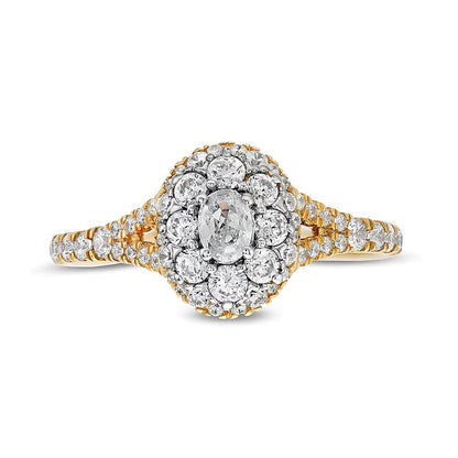 0.75 ct. Gesamtgewicht Verlobungsring mit ovalen Diamanten und Split-Shank in 10K Gelbgold