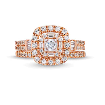 1.0 CT. Gesamtgewicht Braut-Set mit Diamanten im Princess-Schliff und Halo im Kissenschliff, zweireihig, in 10K Roségold