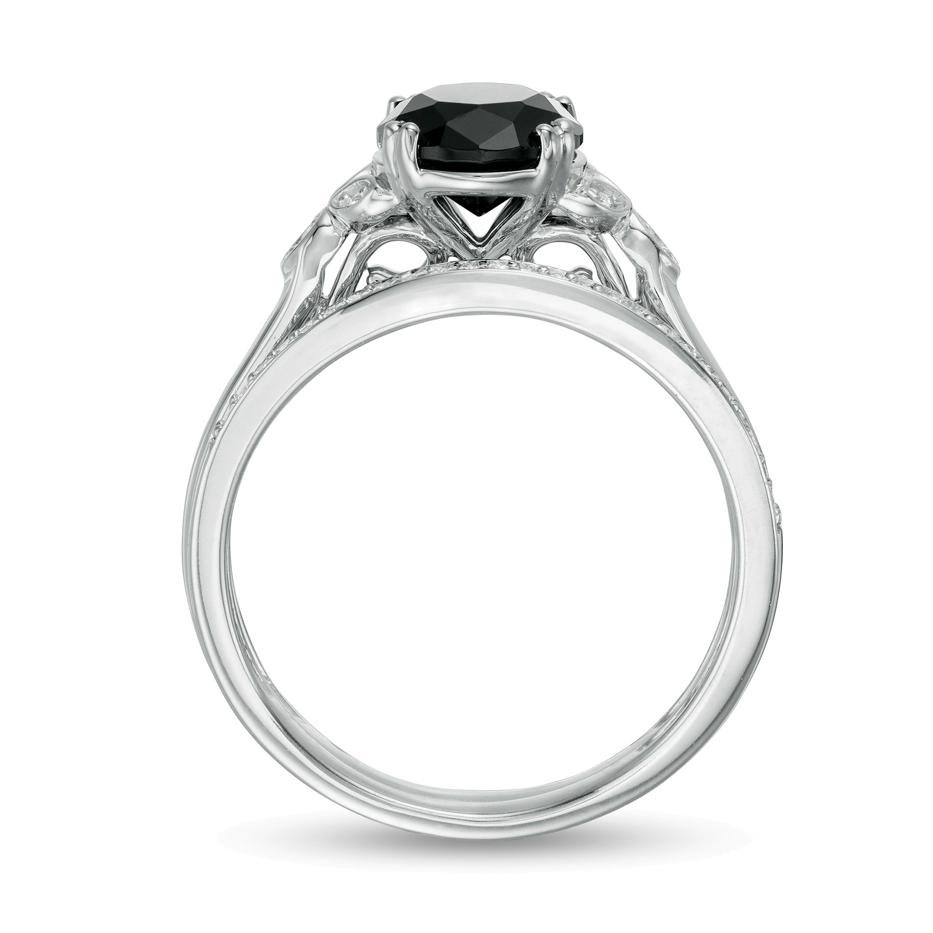 8,0 mm schwarzer Saphir und 0,1 ct. Gesamtgewicht Diamant Brautset mit Blattseiten aus 10K Weißgold