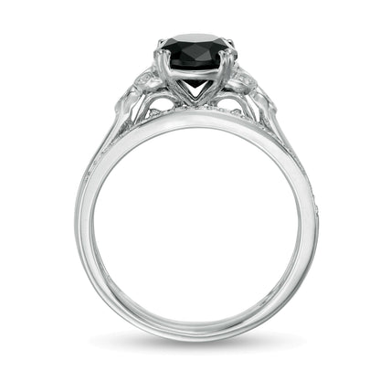 8,0 mm schwarzer Saphir und 0,1 ct. Gesamtgewicht Diamant Brautset mit Blattseiten aus 10K Weißgold