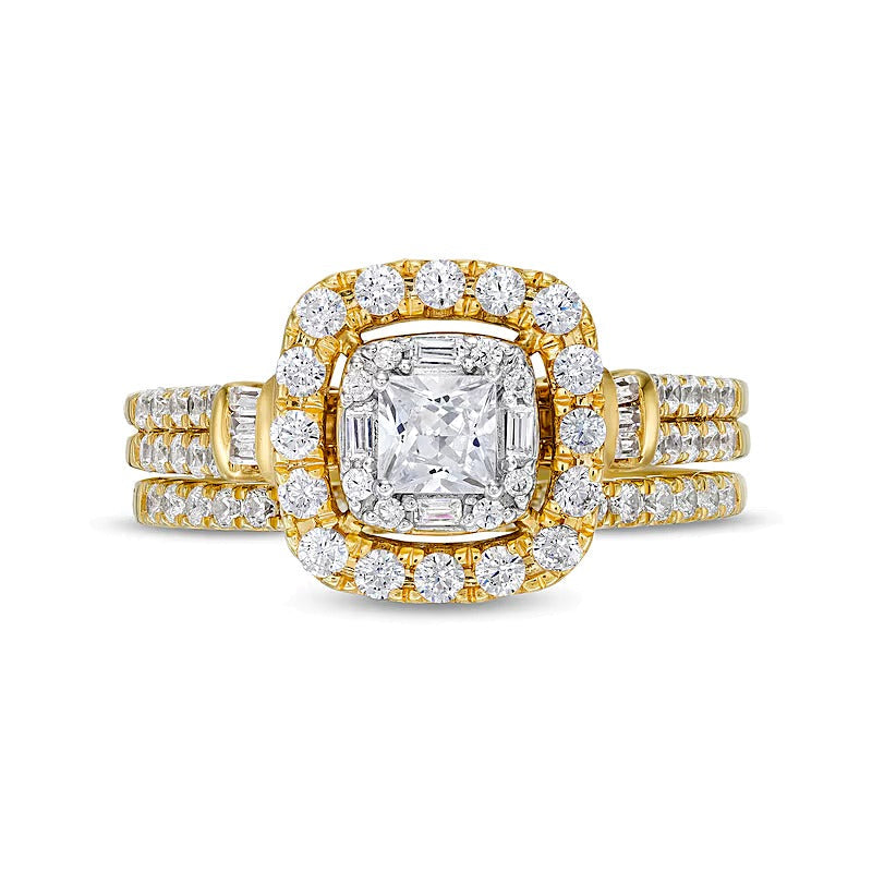 1.0 CT. Gesamtgewicht Braut-Set mit Diamanten im Princess-, Rund- und Kissenschliff in 10K Gelbgold