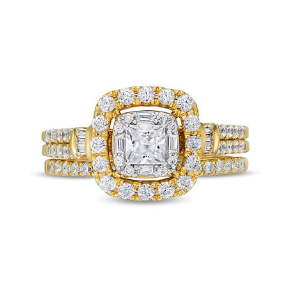 1.0 CT. Gesamtgewicht Braut-Set mit Diamanten im Princess-, Rund- und Kissenschliff in 10K Gelbgold