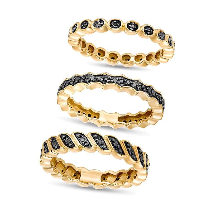 0,25 ct. Gesamtgewicht schwarzer Diamant Dreier-Set Ringe zum Stapeln, geometrisch, in Sterlingsilber mit 14K Gold vergoldet