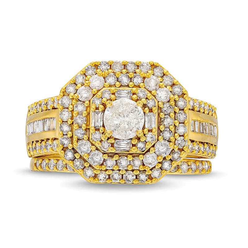 Brautset mit Diamanten in rund, Baguette & Kissenschliff, dreireihiger Oktagon-Fassung, 1.5 ct. Gesamtgewicht, 10K Gelbgold