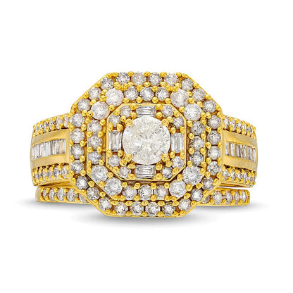 Brautset mit Diamanten in rund, Baguette & Kissenschliff, dreireihiger Oktagon-Fassung, 1.5 ct. Gesamtgewicht, 10K Gelbgold