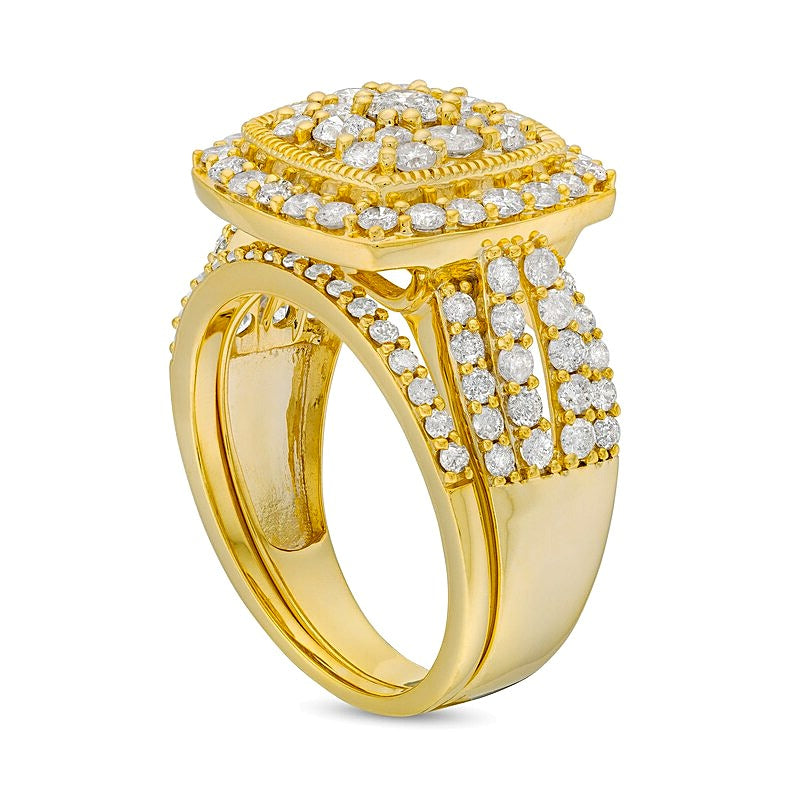 2.0 ct. Gesamtgewicht Braut-Set im Vintage-Stil mit weißen Diamanten im Kissenschliff und Rundschliff, Split-Shank und Diamantrahmen in 10K Gelbgold