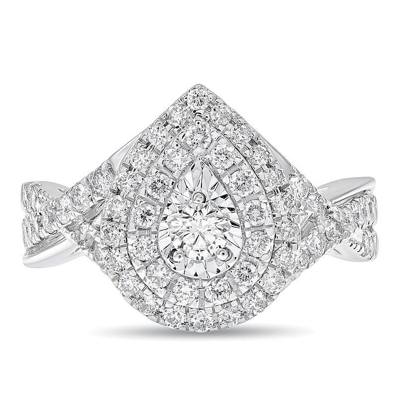 1.0 CT. Gesamtgewicht Diamant Verlobungsring mit doppeltem tropfenförmigem Halo und gedrehter Ringschiene in 10K Weißgold