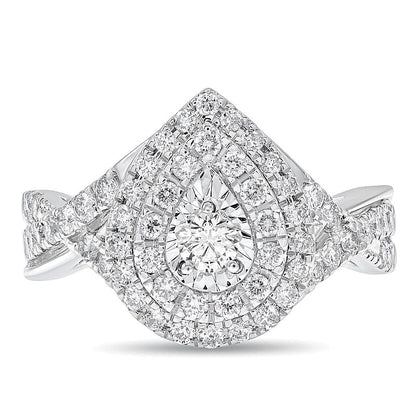 1.0 CT. Gesamtgewicht Diamant Verlobungsring mit doppeltem tropfenförmigem Halo und gedrehter Ringschiene in 10K Weißgold