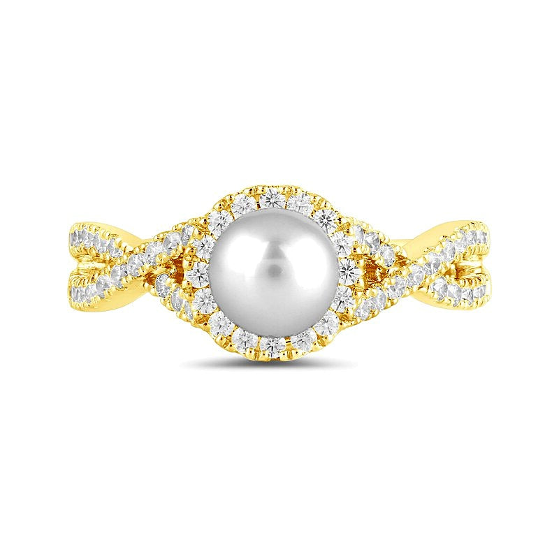 6,0 mm Süßwasser-Zuchtperle und 0,5 ct. Gesamtgewicht Labordiamant Fashion-Ring mit Rahmen und Crossover-Schiene in 14K Gelbgold