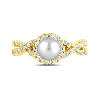 6,0 mm Süßwasser-Zuchtperle und 0,5 ct. Gesamtgewicht Labordiamant Fashion-Ring mit Rahmen und Crossover-Schiene in 14K Gelbgold