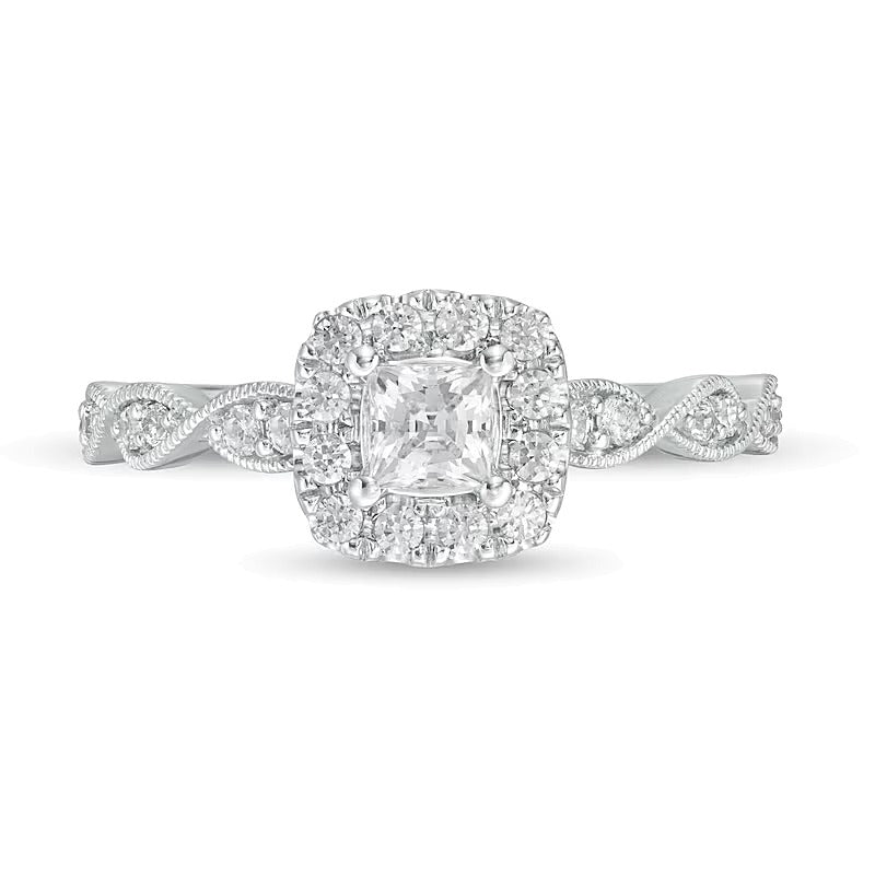 Verlobungsring im Vintage-Stil 0,63 ct. Gesamtgewicht mit Diamanten im Princess-, rund- und Kissenschliff in 14K Weißgold (I/I2)