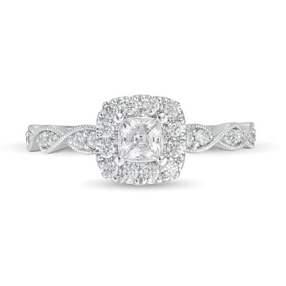 Verlobungsring im Vintage-Stil 0,63 ct. Gesamtgewicht mit Diamanten im Princess-, rund- und Kissenschliff in 14K Weißgold (I/I2)