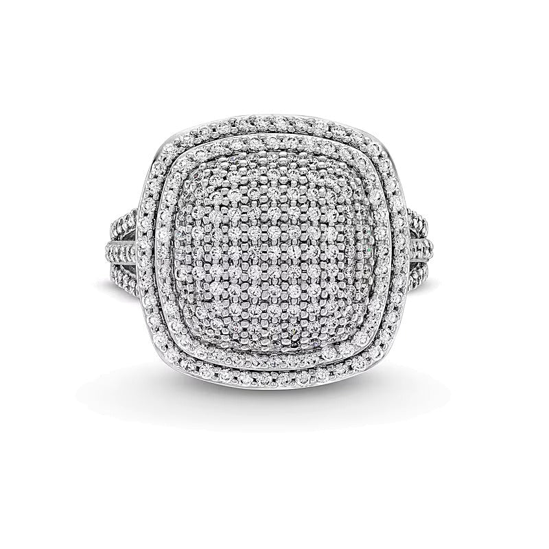 1.0 ct. Gesamtgewicht Fashion-Ring mit Diamanten im Kissenschliff und rund, doppelter Halo und geteilter Schiene, 10K Weißgold