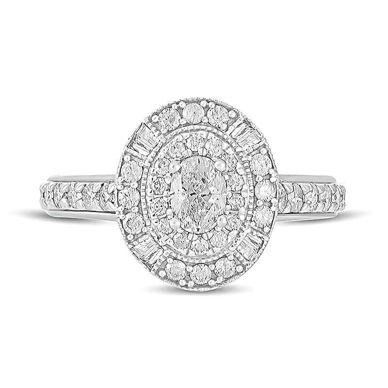 1.0 ct. Gesamtgewicht Verlobungsring Halo mit Diamanten im Oval- und Rundschliff in 14K Weißgold