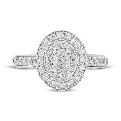 1.0 ct. Gesamtgewicht Verlobungsring Halo mit Diamanten im Oval- und Rundschliff in 14K Weißgold