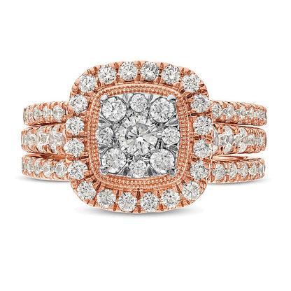 Braut-Set mit Diamanten im Kissenschliff und rund, 1.5 ct. Gesamtgewicht, in 10K Roségold