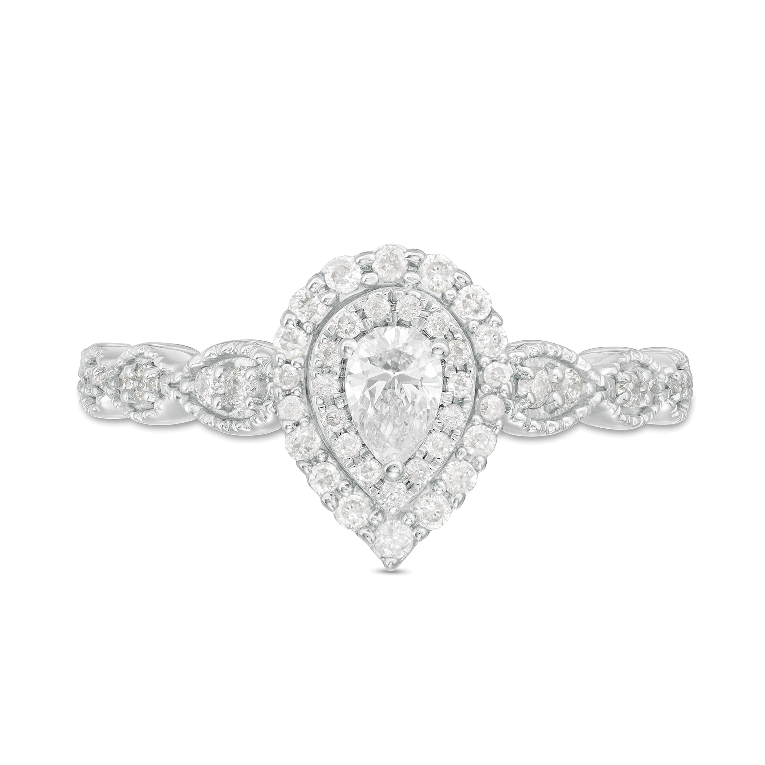 0,38 ct. Gesamtgewicht Verlobungsring mit tropfenförmigem Diamant im Vintage-Stil Art Déco und Halo in 10K Weißgold