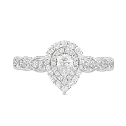 0,38 ct. Gesamtgewicht Verlobungsring mit tropfenförmigem Diamant im Vintage-Stil Art Déco und Halo in 10K Weißgold