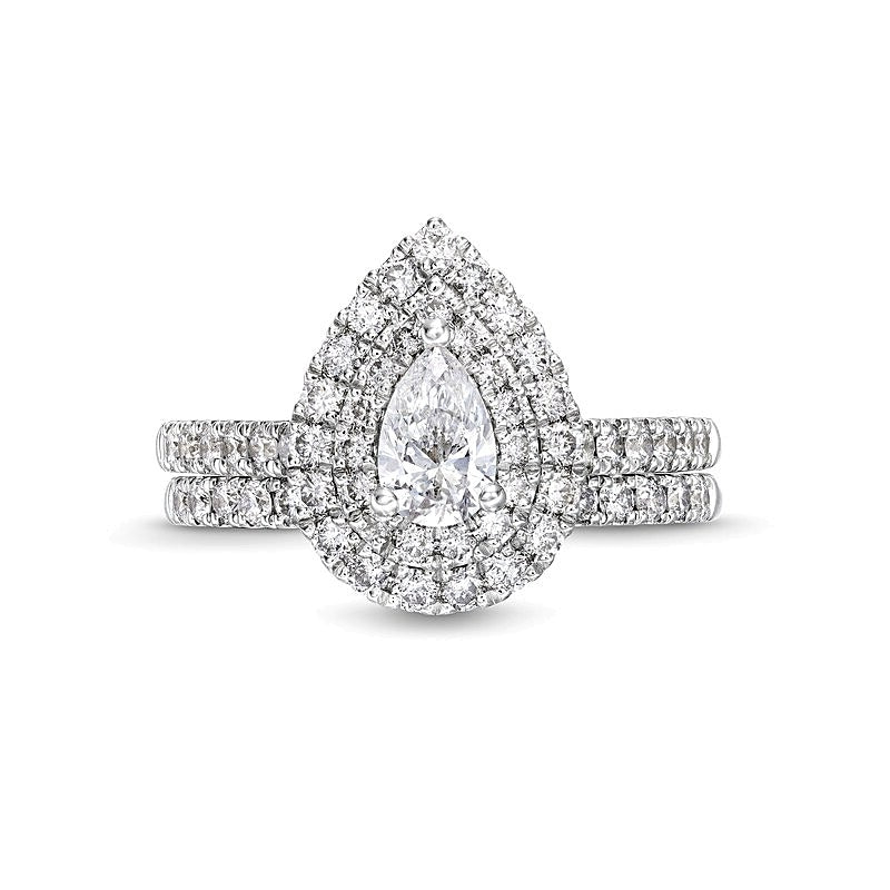 1.5 CT. Gesamtgewicht Diamant-Brautset im Tropfen- und Rundschliff mit Halo-Fassung in 14K Weißgold (I/I1)
