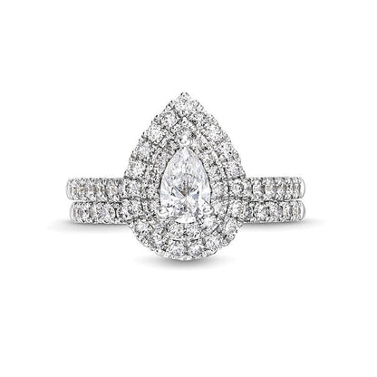 1.5 CT. Gesamtgewicht Diamant-Brautset im Tropfen- und Rundschliff mit Halo-Fassung in 14K Weißgold (I/I1)