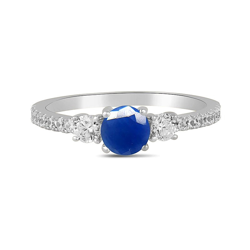 5,0 mm blauer Saphir und Labordiamant 0,38 ct. Gesamtgewicht Dreistein-Ring aus 14K Weißgold