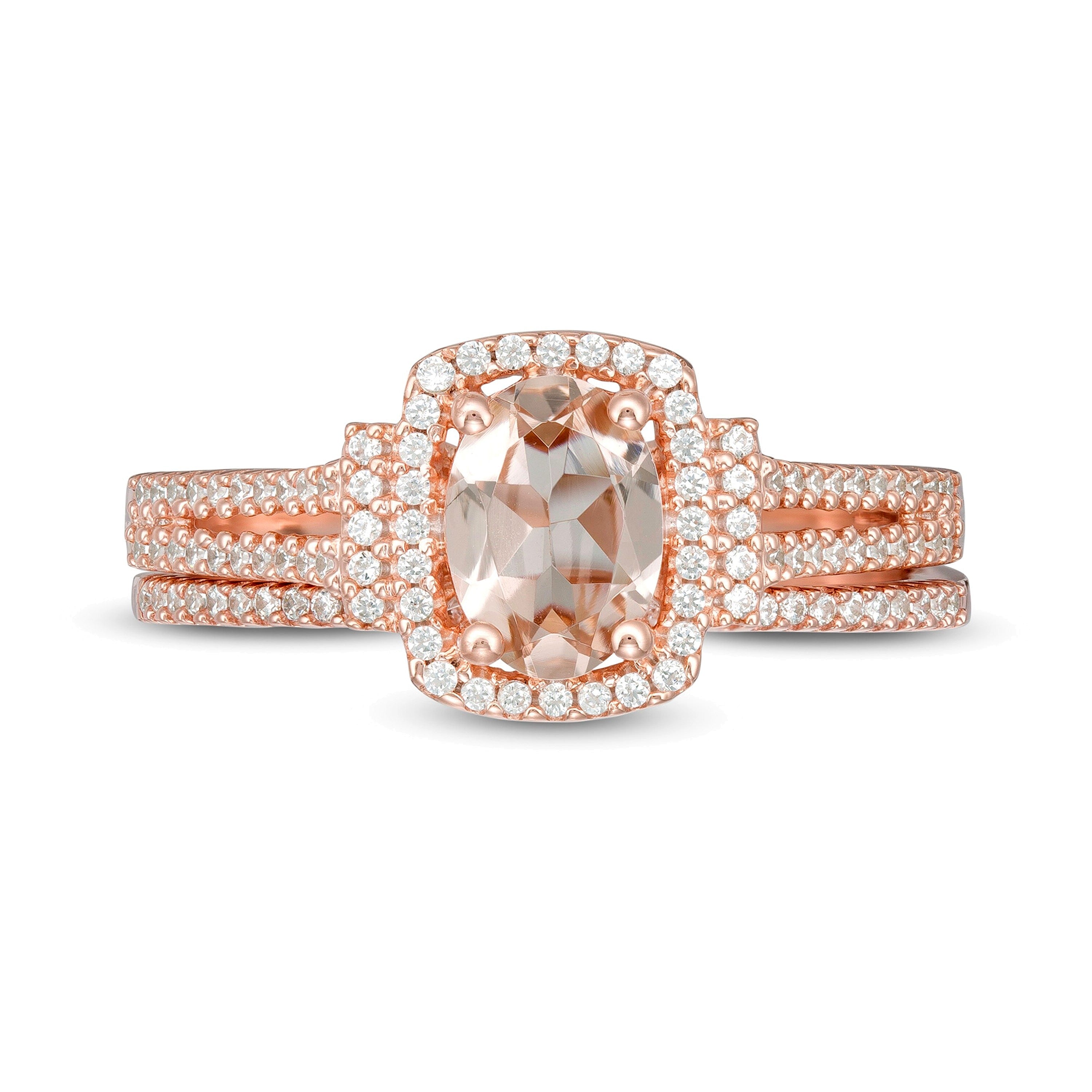 Braut-Set mit ovalem Morganit und 0,33 ct. Gesamtgewicht Diamanten im Kissenschliff-Rahmen und geteilter Ringschiene in 10K Roségold
