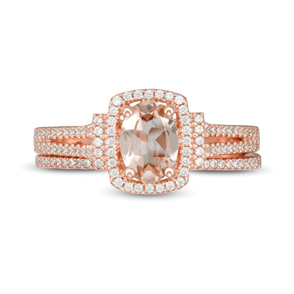 Braut-Set mit ovalem Morganit und 0,33 ct. Gesamtgewicht Diamanten im Kissenschliff-Rahmen und geteilter Ringschiene in 10K Roségold