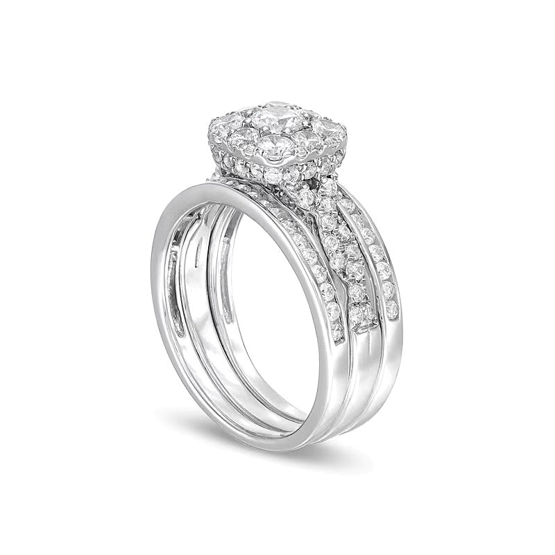 Brautset 1.5 ct. Gesamtgewicht Kissenschliff Multi-Diamant mit gedrehter Ringschiene, dreiteilig, in 10K Weißgold