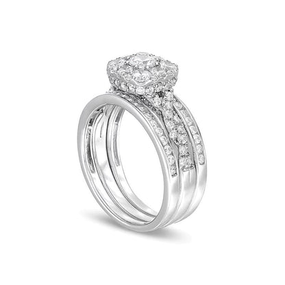 Brautset 1.5 ct. Gesamtgewicht Kissenschliff Multi-Diamant mit gedrehter Ringschiene, dreiteilig, in 10K Weißgold