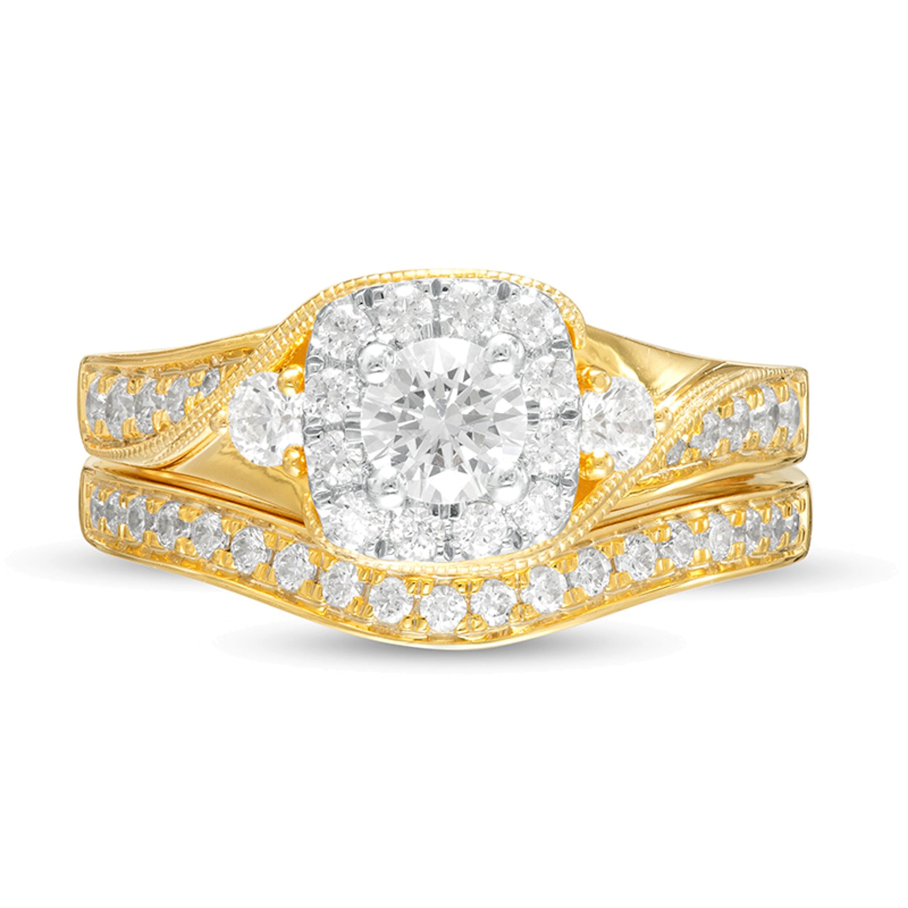 1.0 ct. Gesamtgewicht Diamant Brautset im Vintage-Stil mit Kissenschliff-Halo in 10K Gelbgold
