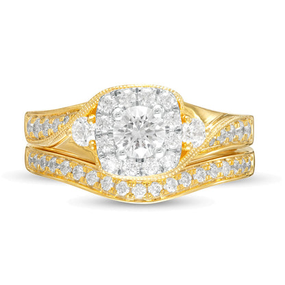 1.0 ct. Gesamtgewicht Diamant Brautset im Vintage-Stil mit Kissenschliff-Halo in 10K Gelbgold