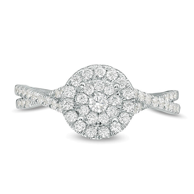 0.5 CT. Gesamtgewicht Diamant Verlobungsring mit doppeltem Halo und Crossover-Ringschiene in 10K Weißgold