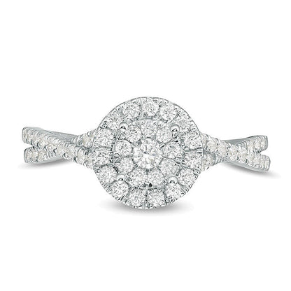 0.5 CT. Gesamtgewicht Diamant Verlobungsring mit doppeltem Halo und Crossover-Ringschiene in 10K Weißgold