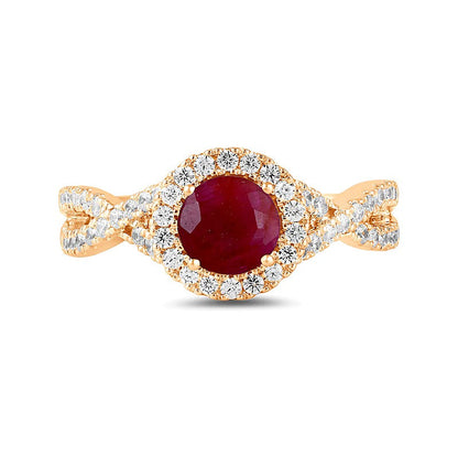 6,0mm Rubin und 0,5 ct. Gesamtgewicht Labordiamant Ring mit Rahmen und Crossover-Schiene in 14K Roségold