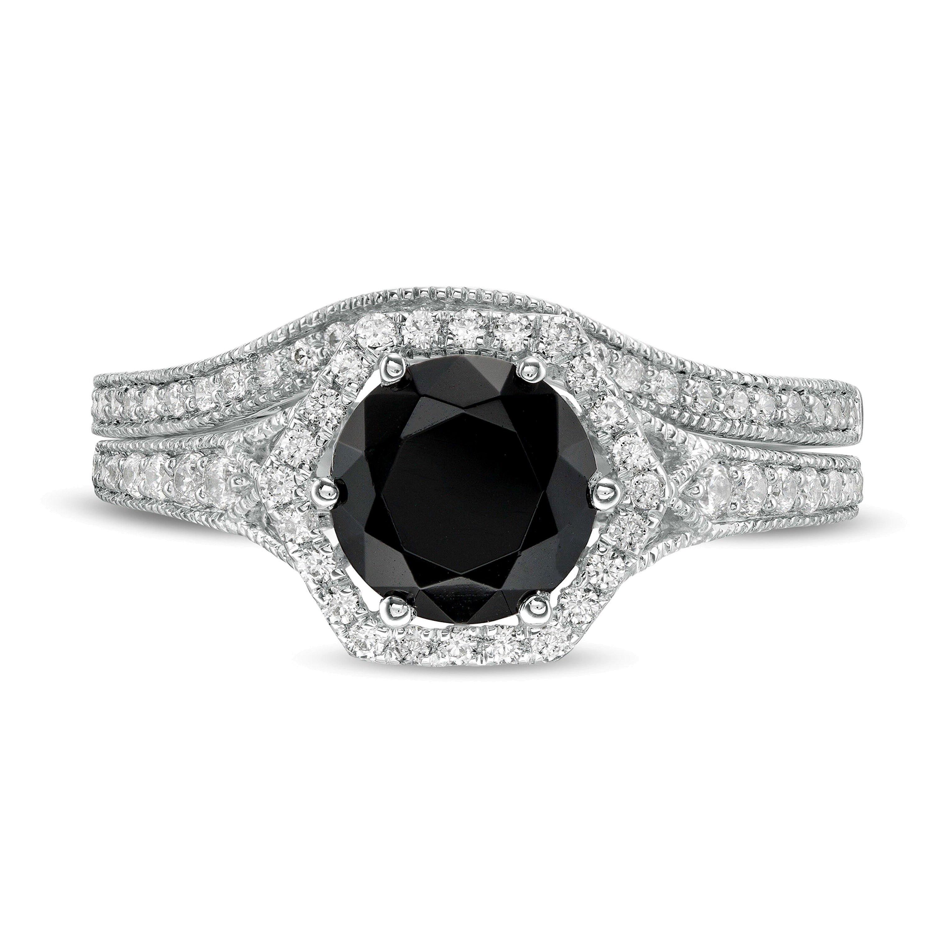 7,0 mm Braut-Set mit Labor-Saphir in Schwarz und Diamanten mit 0,38 ct. Gesamtgewicht, Vintage-Stil mit sechseckiger Fassung, in 10K Weißgold