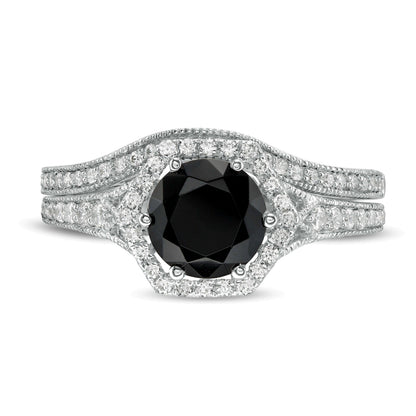 7,0 mm Braut-Set mit Labor-Saphir in Schwarz und Diamanten mit 0,38 ct. Gesamtgewicht, Vintage-Stil mit sechseckiger Fassung, in 10K Weißgold